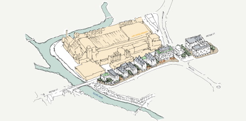 An illustrative aerial sketch showing how the Cattlemarket could become a new gateway to the town.
The map for this chapter shows areas for businesses to thrive including points showing older industrial sites.
There are interactive map markers which show illustrative photographs and sketches of how these areas could look. The sketches are overlaid
with aerial images showing current site conditions for comparison.
